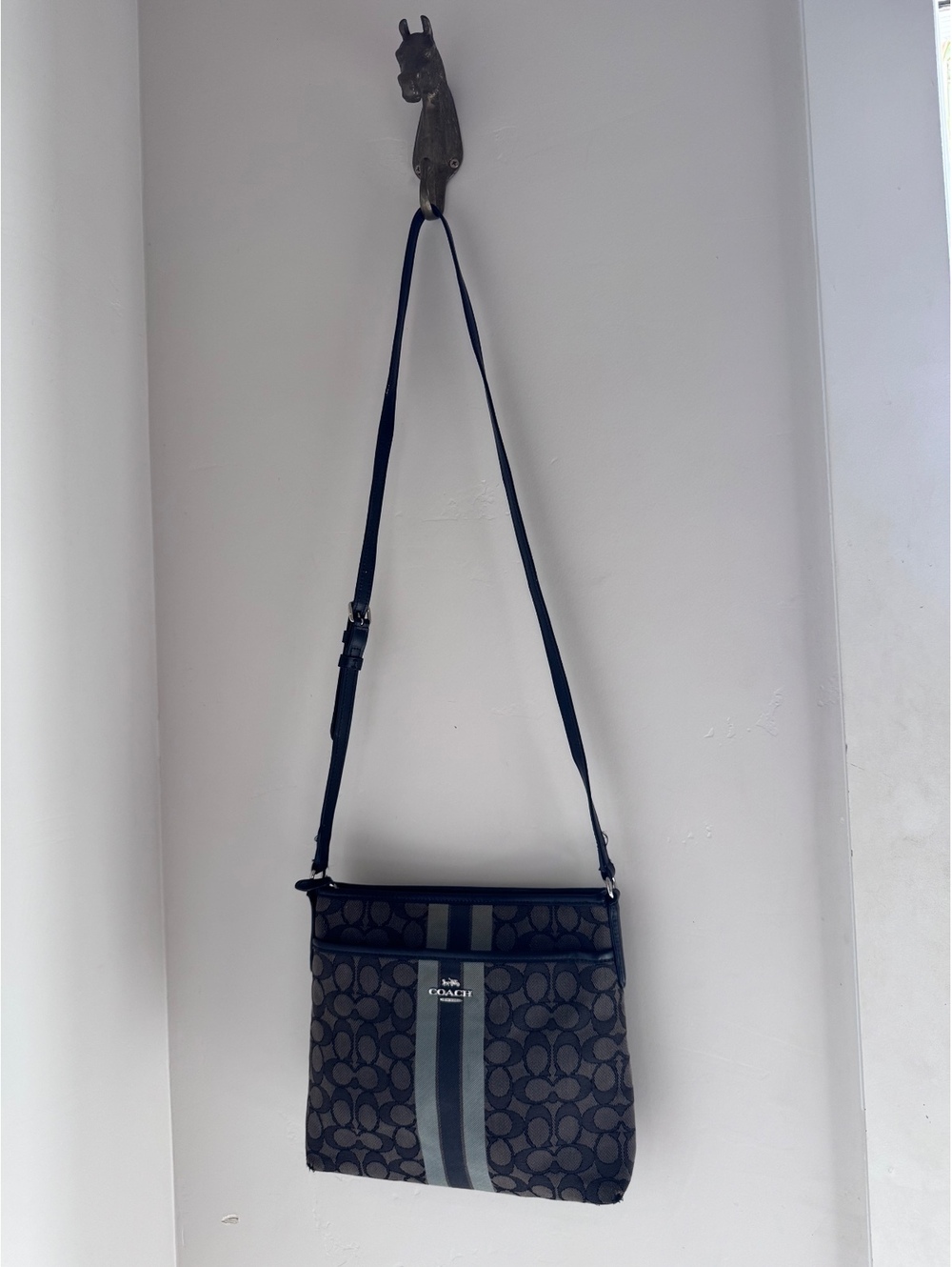 Coach Signature Jacquard Stripe Crossbody Bag Black Gray Adjustable Strap